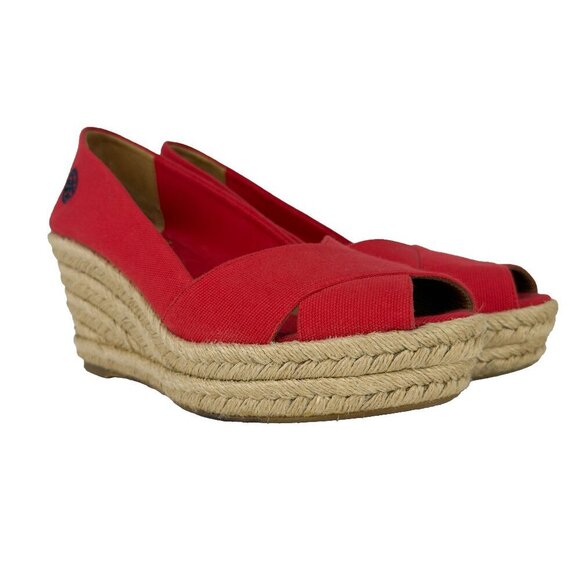 TORY BURCH Filipa Wedges Espadrilles Peep toes Red Size 9 B - Picture 2 of 15